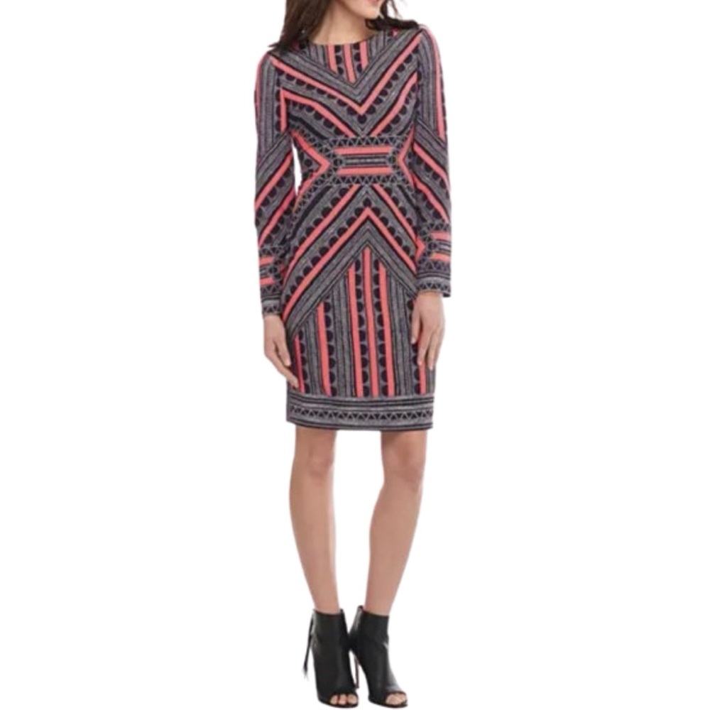 Vince Camuto Printed Sheath Women's Lined Zip Up Crew Neck Dress Size 6 - Picture 3 of 5